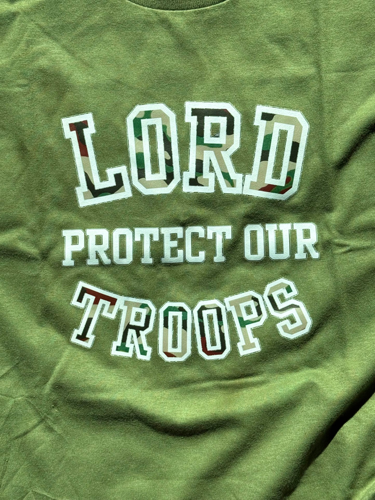 LORD PROTECT OUR TROOP green t shirt (white lettering)