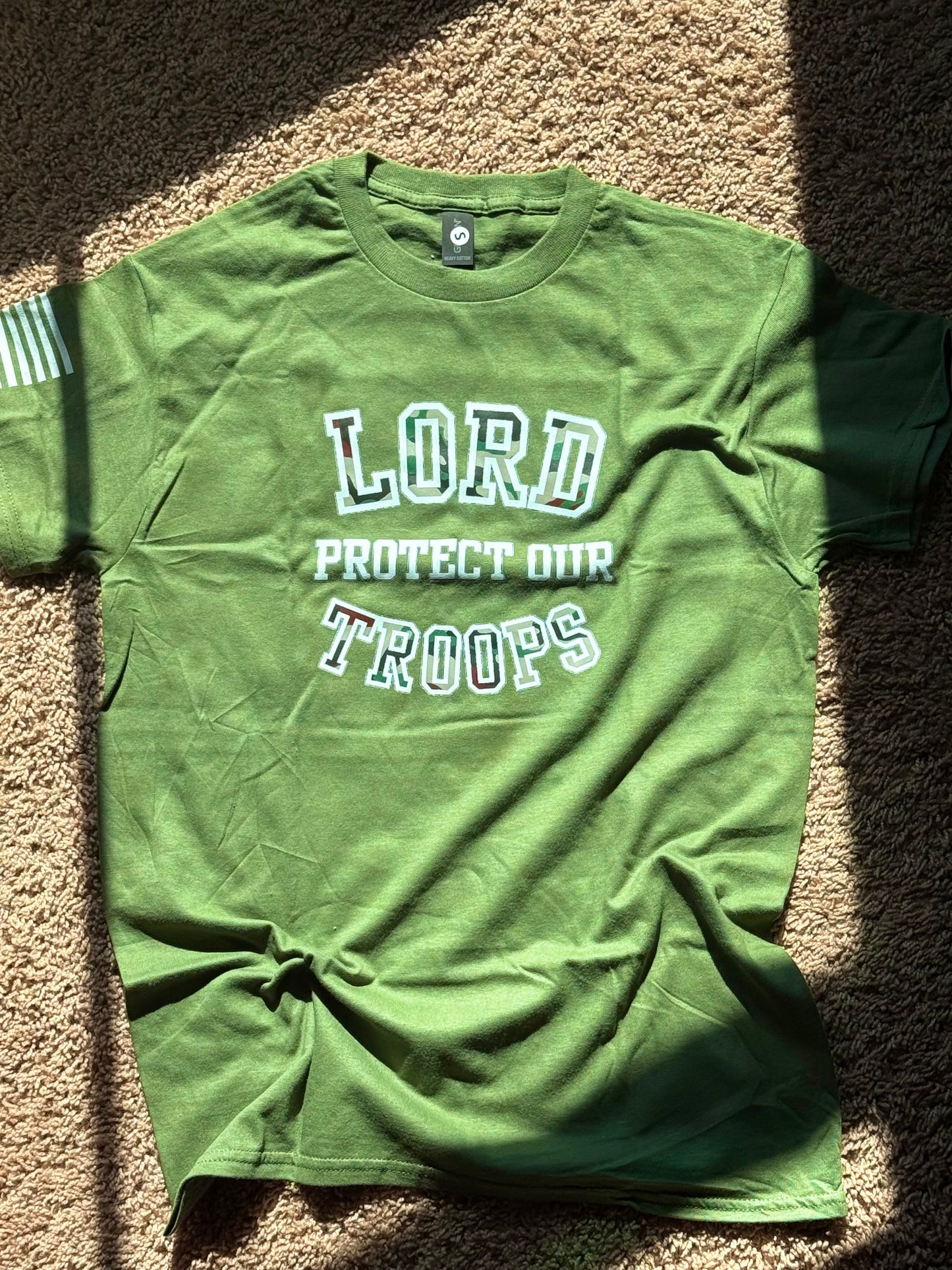 LORD PROTECT OUR TROOP green t shirt (white lettering)